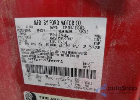 2010 Ford F-150 Fx4/Harley-Davidson/King Ranch/Lariat/Platinum/Xl/Xlt from USA, damaged, VIN 1FTFW1EV4AFA11312